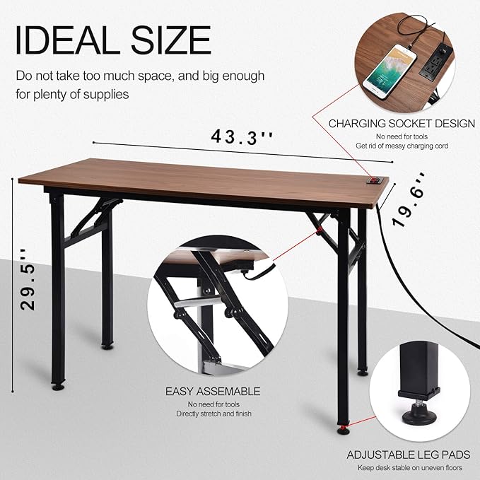 Frylr Folding Computer Desk with Plugs & USB Ports, Home Office Desks Foldable 43.3x19.6x29.5 Inch Study Table for Student Writing Desk for PC/Laptop, No Installation, Walnut + Black Leg - LeafyLoom