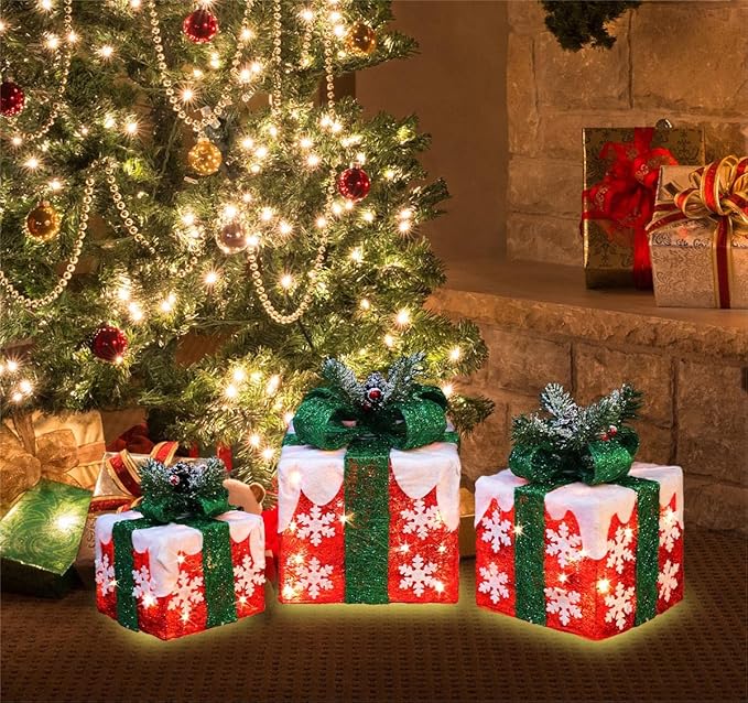 [Large 10"x8.5"x6.5" Christmas Set of 3 Lighted Gift Boxes Decorations Pre-lit 70 Super-Bright LED with Flashers,for Indoor Outdoor Christmas Tree Skirt Ornament Pathway Holiday Party Home GLOWNOVA