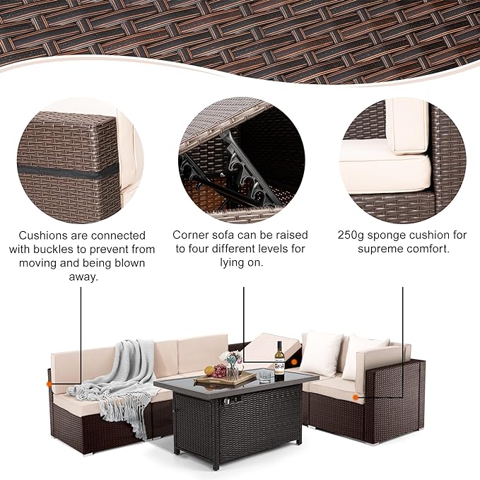 Pamapic 8 Pieces Patio Conversation Sets with fire Pit, Patio Furniture Sectional Sofa with Gas Fire Pit Table (Brown Wicker,Beige Cushions) - LeafyLoom