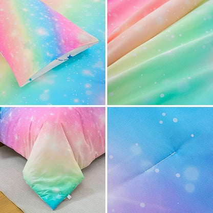 Glitter Galaxy Comforter Set 6 Pcs Bed in A Bag, Ombre Pink Blue Rainbow Girls Full Size Bedding Sets with Sheets - LeafyLoom