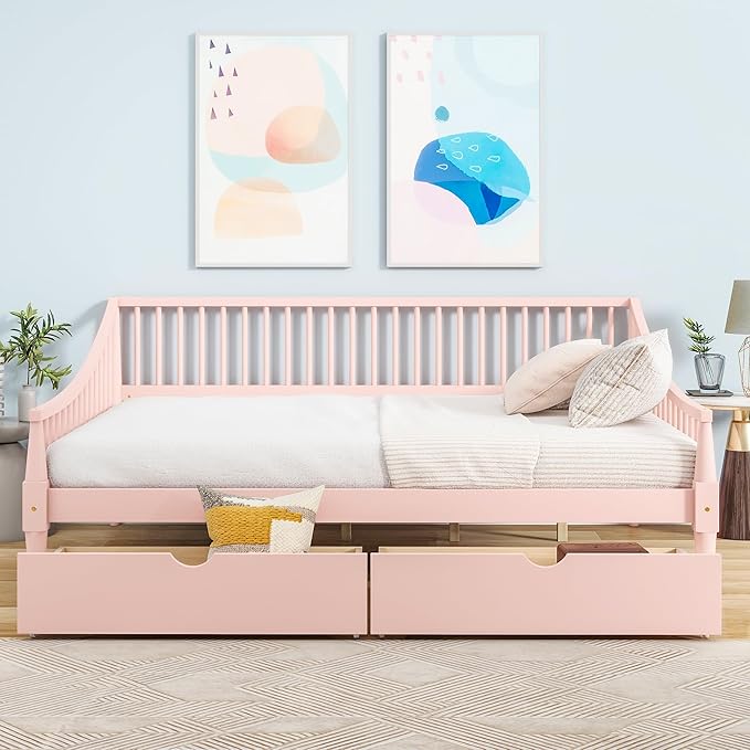 Full Size Daybed with Two Drawers,Solid Wood Storage Bed Frame W/Wooden Slat Support,Guide Rail Design on Three Sides,Easy to Assemble,for Bedroom Living Room,Pink - LeafyLoom