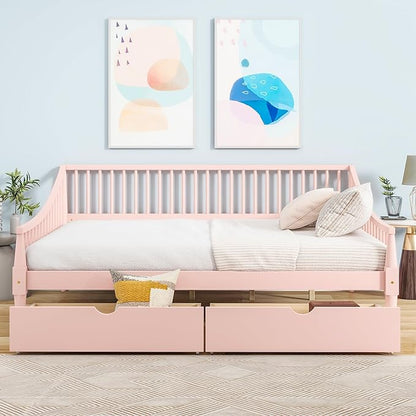 Full Size Daybed with Two Drawers,Solid Wood Storage Bed Frame W/Wooden Slat Support,Guide Rail Design on Three Sides,Easy to Assemble,for Bedroom Living Room,Pink - LeafyLoom