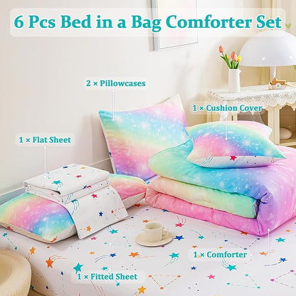 Glitter Galaxy Comforter Set 6 Pcs Bed in A Bag, Ombre Pink Blue Rainbow Girls Full Size Bedding Sets with Sheets - LeafyLoom