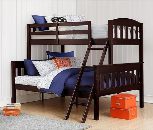 DHP Airlie Convertible Wood Bunk Bed, Stackable and Detachable Bed Frames for Kids and Teens, with Angled Ladder, High Guardrail, Wood Slats, No Boxspring Required, Twin-Over-Full, Espresso - LeafyLoom