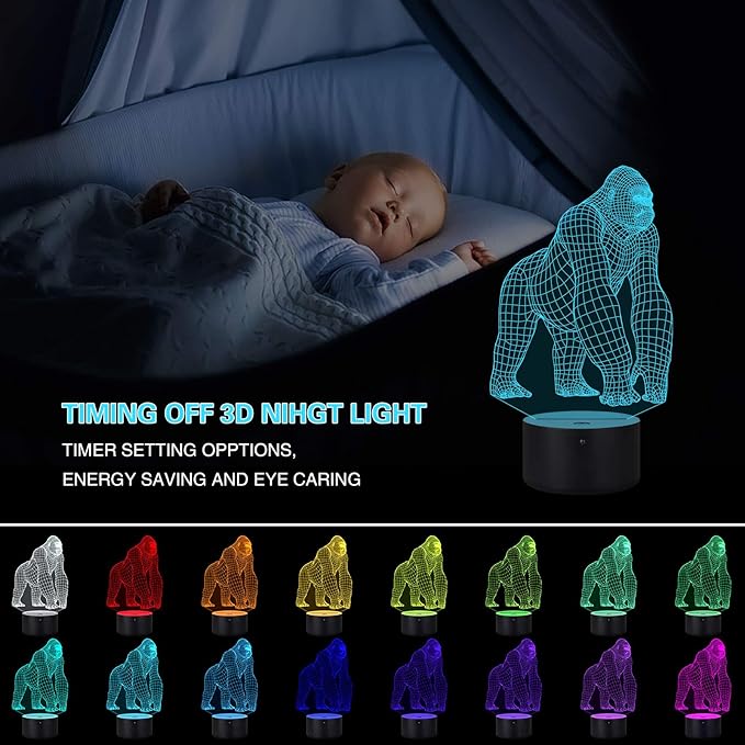 Elstey 3D Gorilla Lamp Mood Lamp 16 Color Nursery Night Lights Illusion Acrylic LED Table Bedside Lamp, Children Bedroom Desk Decor, Birthday Christmas Gift Cute Toy for Kids Adult - LeafyLoom