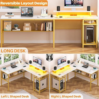 Reversible L Shaped Computer Desk with Power Outlet & Monitor Stand, 55 Inch Office Desk with RGB LED Light, Sturdy Corner Desk with Storage Shelf, Gaming Table, Easy to Assemble, White - LeafyLoom