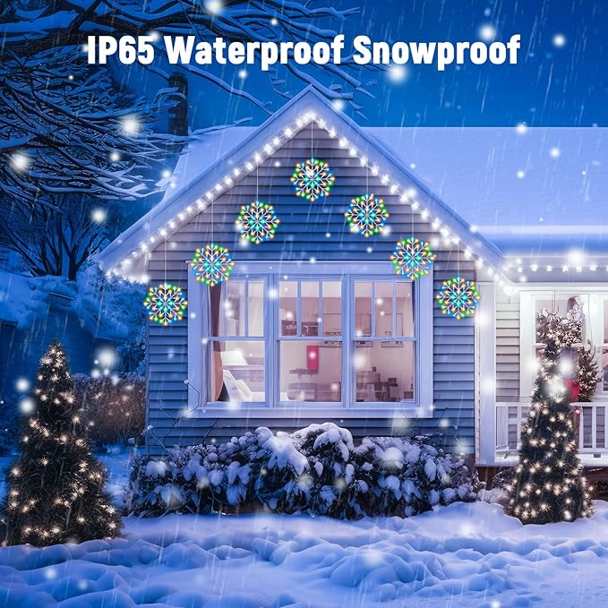 Christmas Snowflake Icicle Lights Outdoor - Plug-in 10.5ft 5 Drops 240LED Snowflake Window Lights with 8 Modes, Hanging Lights for Indoor Outdoor Porch Eaves Rooftops Christmas Decor, Multicolor Brightown