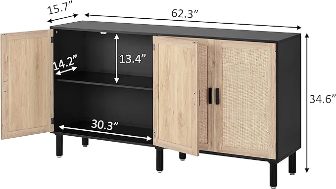 Finnhomy 4 Door Sideboard Buffet Cabinet, Kitchen Storage Cabinet with Rattan Decorated Doors, Cupboard Console Table, Boho Accent Liquor Cabinet, Bar Cabient, 62.3X 15.7X 34.6 Inches, Black - LeafyLoom