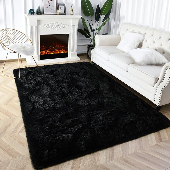 Super Soft Fluffy Shaggy Rugs 4x5.9 Feet for Living Room Bedroom, Fuzzy Plush Area Rugs for Girls Kids Room Nursery Home Decor, Furry Dorm Cute Non-Slip Indoor Floor Carpet, Black - LeafyLoom