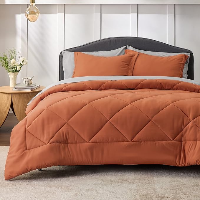 Bedsure Burnt Orange Twin XL Comforter Set - 5 Pieces Reversible Twin XL Bed in a Bag Twin XL Bed Set with Comforters, Sheets, Pillowcase & Sham, Twin XL Bedding Sets - LeafyLoom