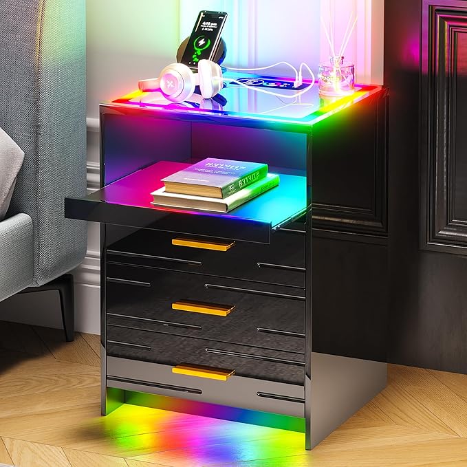 HNEBC High Gloss Nightstand with Wireless Charging Station, Smart Night Stand with RGB Dynamic Lighting, Modern Bed Side Table with Drawers Sliding Tray, Glass Tabletop,Motion Sensor Lights (C Black) - LeafyLoom