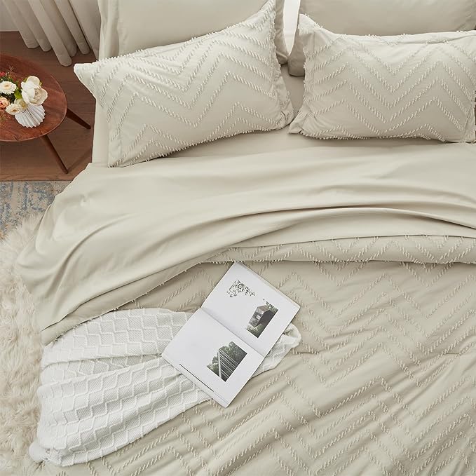 Anluoer Full Comforter Set, Oatmeal Tufted Bed in a Bag 7 Pieces with comforters and sheets, All Season Bedding Sets with 1 Comforter, 2 PillowShams, 2 Pillowcases, 1 Flat Sheet, 1 Fitted Sheet - LeafyLoom