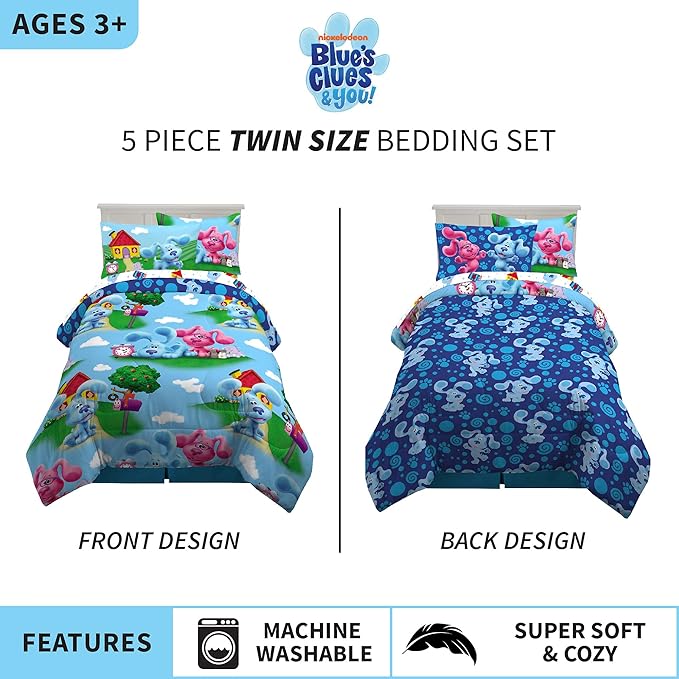 Franco Kids Bedding Super Soft Comforter and Sheet Set with Sham, 5 Piece Twin Size, Blues Clues - LeafyLoom