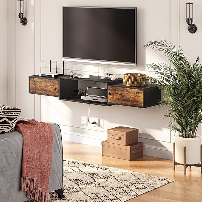 HOOBRO Floating TV Stand with Power Outlet 55", Modern Wall Mounted Media Console Shelf Cabinet for Under TV Storage, Entertainment Center, Living Room, Bedroom, Rustic Brown and Black BF11DS01 - LeafyLoom