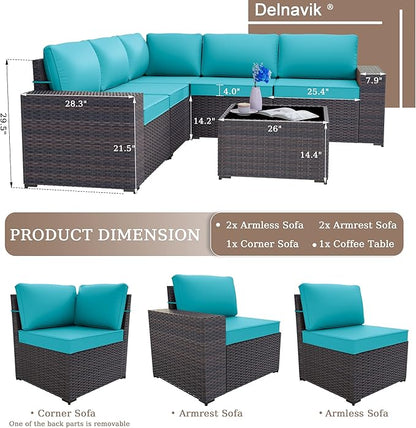 Patio Furniture Set Sofa 6-Piece Wicker PE Rattan Sectional Sofa Set, Outdoor Furniture Patio Conversation Sofa Set with Glass Coffee Table, Blue - LeafyLoom