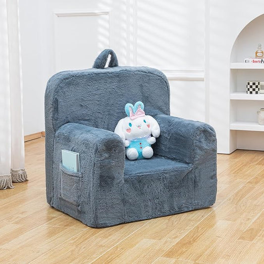 Snuggly-Soft Cuddly Toddler Plush Armchair for Boys and Girls Fuzzy Plush Kids Sofa Couch Reading Chair with Children Friendly Handle for Easy Movement & Double Pockets for Storage, Dark Grey - LeafyLoom