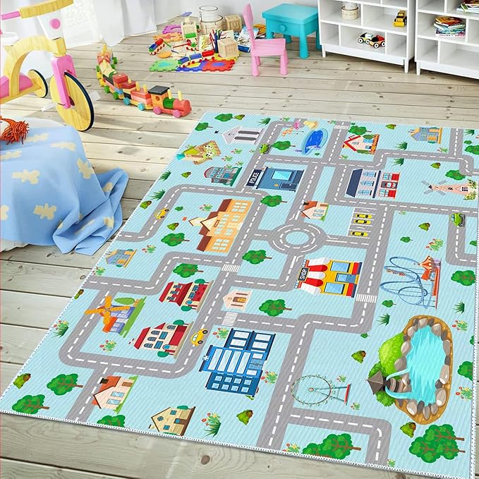 Kids Car Rug, 3' 3" x 5' 3" City Life Traffic Road Playmat for Toy Cars Trains, Non-Slip Race Track Carpet Educational Fun Area Rugs for Boy and Girl Bedroom Nursery - LeafyLoom