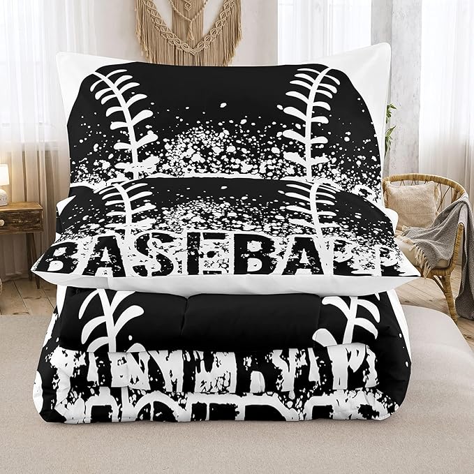 Bodhi Black and White Comforter Set,Sports Bedding Set for Boys Kids,Boys Baseball Bedding Full Size,Kids Comforter Set with Pillowcases,Teen Boys Bedding Set Full Size - LeafyLoom