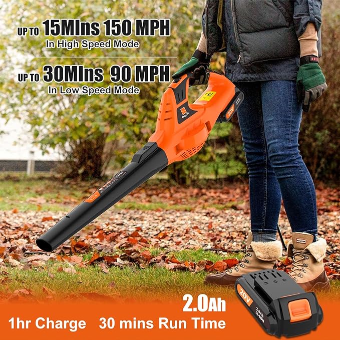 Leaf Blower Cordless,21V Handheld Electric Leaf Blower with 2.0Ah Battery and Charger, 2 Speed Mode, Lightweight Battery Powered Leaf Blower for Lawn Care, Patio, Yard, Sidewalk - LeafyLoom