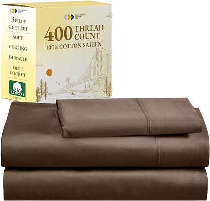 California Design Den Twin Bed Sheets 400 Thread Count, 100% Cotton Sateen Sheets for Twin Size Bed - Soft, Breathable & Cooling Brown Bed Sheet, 3-Pc Deep Pocket Bed Sheets - Brown - LeafyLoom