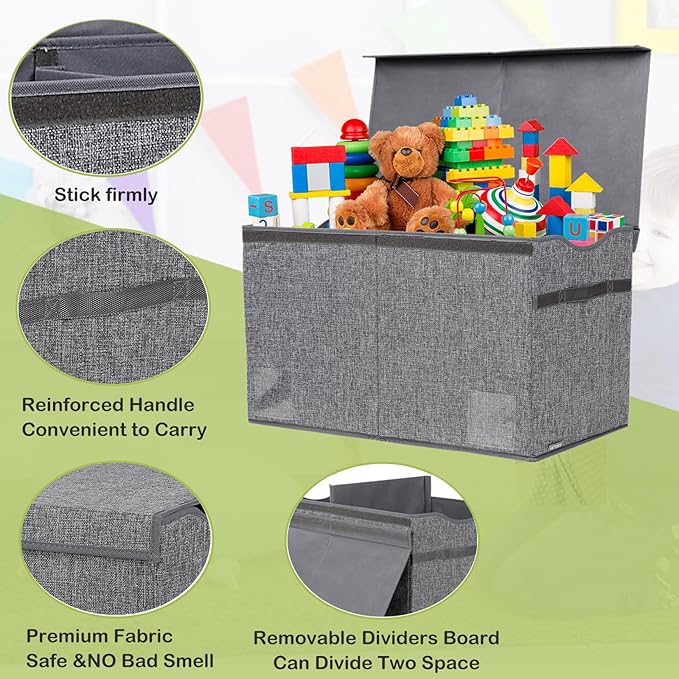 Toy Box Chest, Collapsible Sturdy Storage Bins with Lids, Extra Large Kids Toy Storage Organizer Boxes Bins Baskets for Kids, Boys, Girls, Nursery Room, Playroom, Closet (Linen Gray) - LeafyLoom