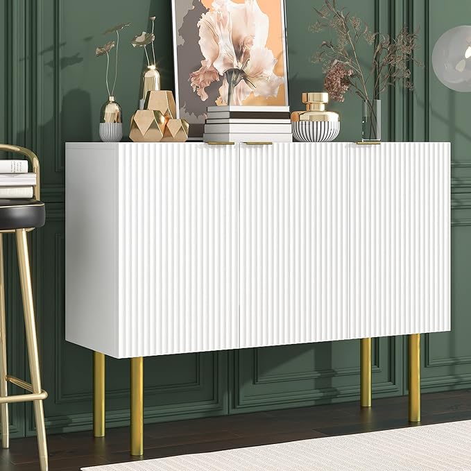 Modern Simple Sideboard with Particle Board & MDF,Luxury Style Buffet Cabinet,W/Gold Metal Legs and Handles,Adjustable Shelves,for Kitchen,Dining Room,White, 47.2" - LeafyLoom