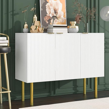 Modern Simple Sideboard with Particle Board & MDF,Luxury Style Buffet Cabinet,W/Gold Metal Legs and Handles,Adjustable Shelves,for Kitchen,Dining Room,White, 47.2" - LeafyLoom