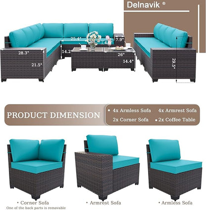 Patio Furniture Set Sofa 12-Pieces Wicker Sectional Sofa Set, Outdoor Furniture Rattan Patio Conversation Set with Thickened Cushions and Glass Coffee Table, Blue - LeafyLoom