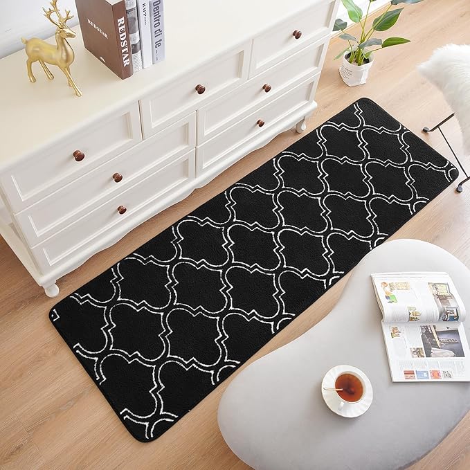 Chicrug Shag Geometric Modern Runner Rug for Bedroom, 2x6 Feet Memory Foam Indoor Hallway Runner Carpet, Fluffy Rug for Living Room Bedside Room Decor for Family, Black/White - LeafyLoom