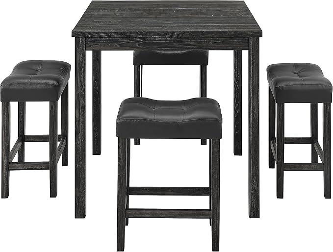 Home Kitchen 5 Piece Dining Set, Breakfast 4 Padded Stools, Industrial Bar Table & Chairs Furniture for Living Room, Apartment, Space-Saving Design, Black+Gray - LeafyLoom