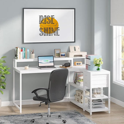 Reversible L-Shaped Computer Desk with hutch & Shelf,white - LeafyLoom