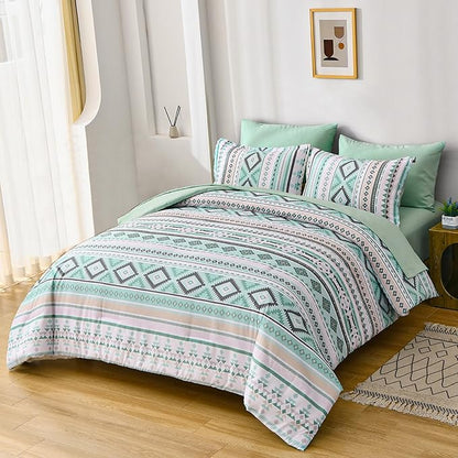 Dinjoy Sage Green Boho Comforter Set Queen Size,7 Pieces Bed in a Bag Queen Light Green Aztec Bedding Sets with Sheets Bohemian Geometric Striped Complete Set for All Seasons 90"x90" - LeafyLoom