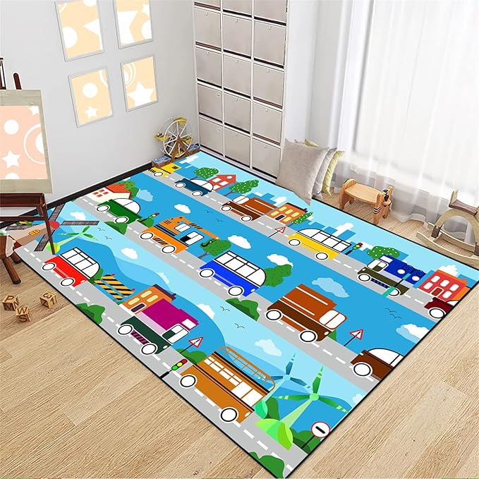 Car Carpet for Kids Kids Rugs for Playroom Car Track Rug Road Rug for Kids Car Play Rug Road Carpet for Toy Cars Car Track Rugs for Boys Car Rug for Boys Room 5'×7' - LeafyLoom