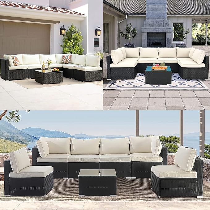 ClawsCover 14Pack Outdoor Patio Seat and Back Cushions Replacement Covers Fit for 7Pieces 6-Seater Wicker Rattan Sectional Couch Chair Furniture Set,Cream-Include Cover Only (Large) - LeafyLoom