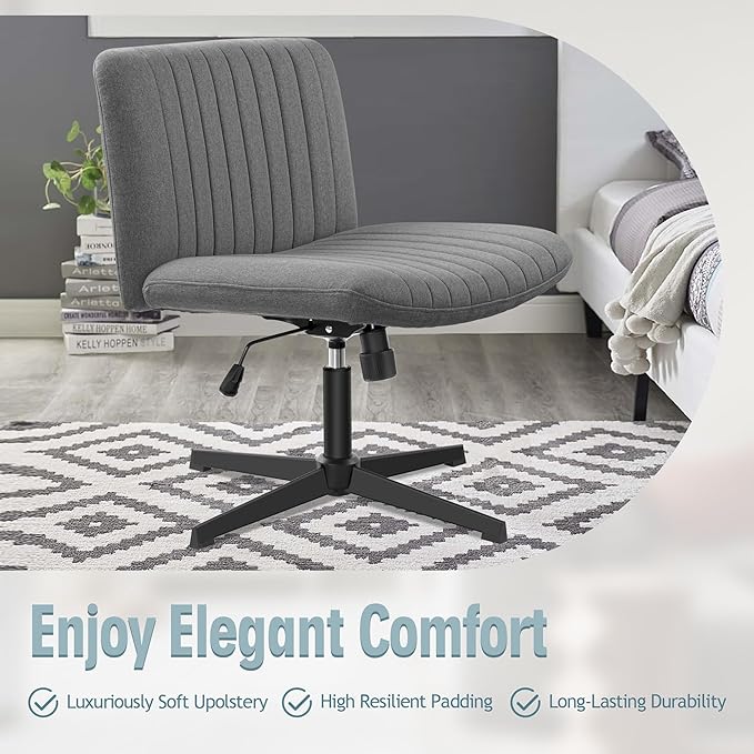 Armless Office Chair no Wheels, Ergonomic Wide Seat Swivel Desk Chair, Height Adjustable Cross Legged Comfortable Computer Chair for Living Room, Vanity Accent Chair Darkgray - LeafyLoom