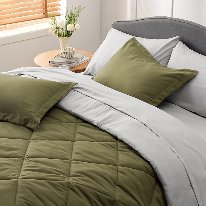 Bedsure Olive Green California King Size Comforter Set - 7 Pieces Reversible Cal Bed in a Bag Bed Set with Comforters, Sheets, Pillowcases & Shams, California King Bedding Sets - LeafyLoom