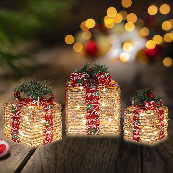 [Large 10"x8.5"x7" Christmas Set of 3 Lighted Rattan Gift Boxes Decorations Pre-lit 70 Super-Bright LED with Flashers,for Indoor Outdoor Pathway Holiday Party Home(Warm White) GLOWNOVA