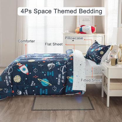 Planet Twin Comforter Set for Boys Girls 4-Piece Rocket Kids Bedding Sets Galaxy Space Stars Bedroom Decor - Include Reversible Comforter, Flat Sheet, Fitted Sheet and Pillowcase - LeafyLoom