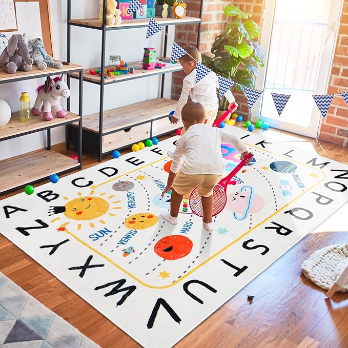 Soft ABC Kids Rug,59x39 in Washable Large Classroom Rug,Non-Slip Educational Nursery Rug,Solar System Kids Room Rug for Classroom Playroom Bedroom Kids Room Decor - LeafyLoom