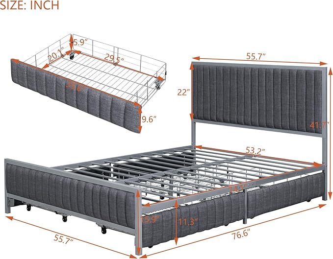 RITSU Full Size Upholstered Platform Bed with 4 Drawers, Metal Frame Tufting Linen Fabric Backrest, Large Storage Space for Bedroom, Apartment, No Need for Box Springs, Gray - LeafyLoom