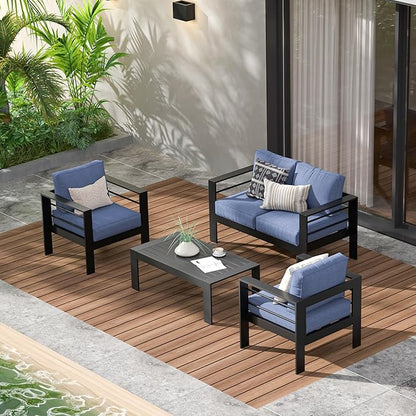 Wisteria Lane 4-Piece Aluminum Patio Furniture Set, Outdoor Furniture with Coffee Table, Metal Sofa Set for Deck, Porch, Balcony, Indoor, Black Frame & Blue Cushion - LeafyLoom