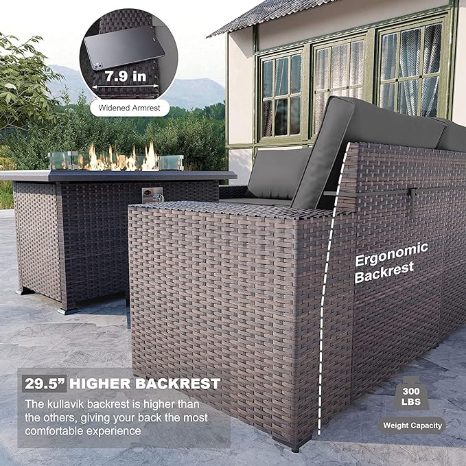 Kullavik 13 Pieces Outdoor Patio Furniture Set with 43" 55000BTU Gas Propane Fire Pit Table PE Wicker Rattan Sectional Sofa Patio Conversation Sets,Grey - LeafyLoom