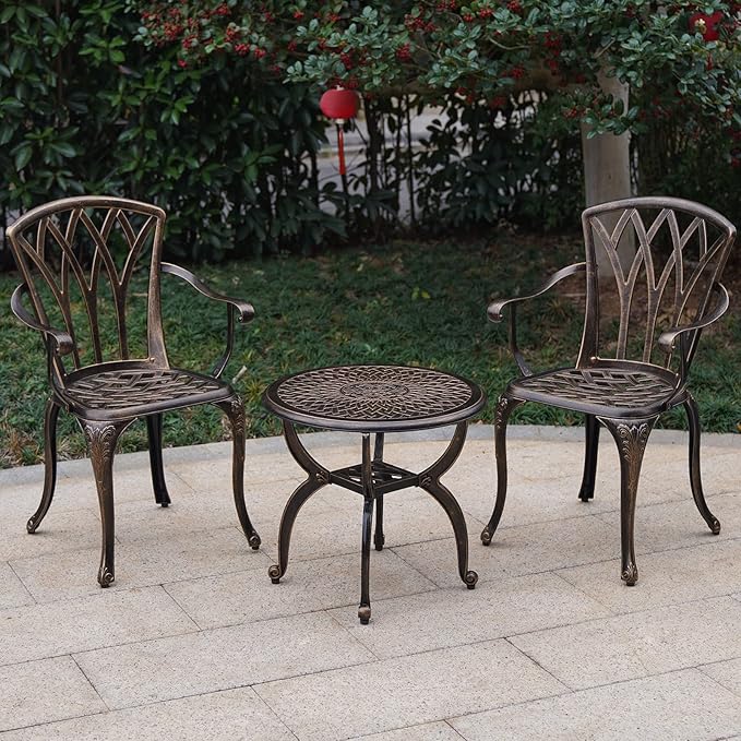 Jardin DE CENTENNAIL 3-Piece Outdoor Bistro Set Cast Aluminum Rust-Resistant Patio Furniture Armchairs Design (Copper) - LeafyLoom