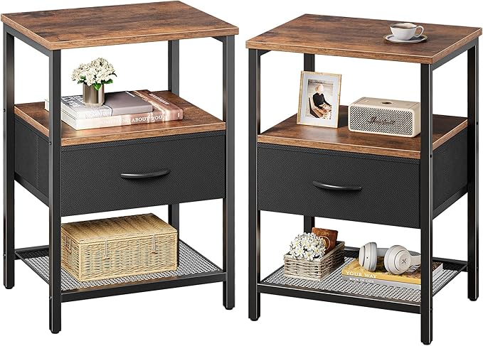 Nightstand Set of 2, Night Stand with Fabric Drawer, Mesh Shelf, Side Table with Storage, Fabric Drawer Dresser, Open Shelf, Metal Frame, Bedroom, Rustic Brown and Black - LeafyLoom