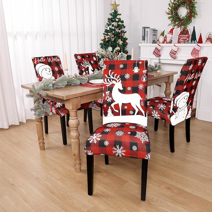 U'Artlines Christmas Chair Covers Set of 4, Removable Washable Merry Christmas Dining Chair Seat Covers Stretch Protector Slipcovers for Dining Room Kitchen Holiday Party Decor, Red Buffalo Plaid UArtlines