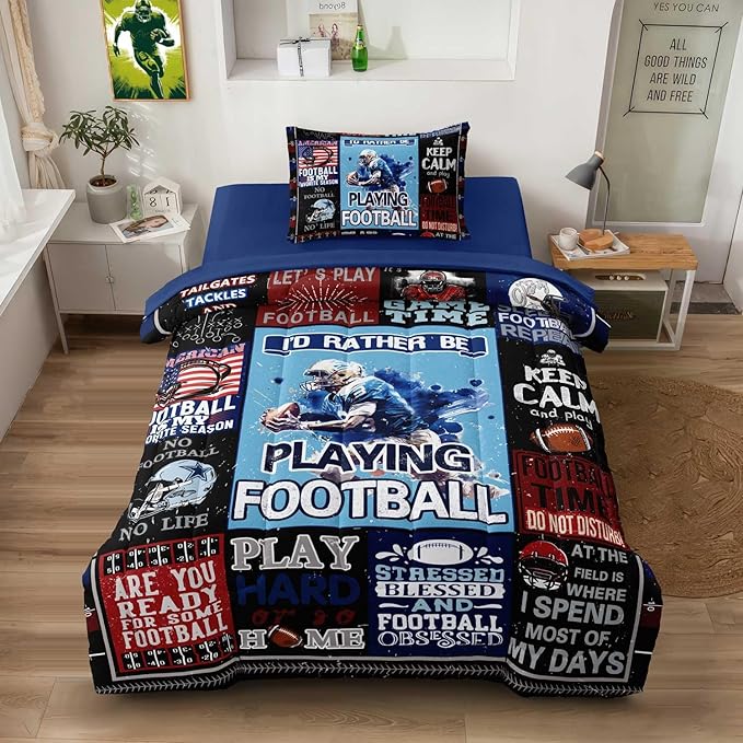 American Football Bedding Twin for Teen Boys, Kids Sports Comforter Set Bed in A Bag, Blue Children Bed Set with Sheets Twin Size - LeafyLoom