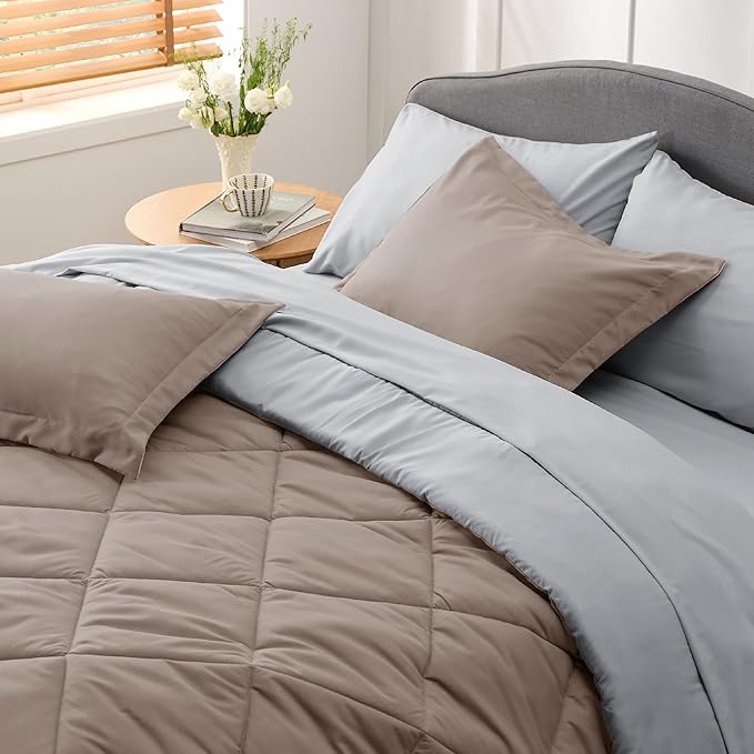 Bedsure Taupe Twin XL Comforter Set - 5 Pieces Reversible Twin XL Bed in a Bag Twin XL Bed Set with Comforters, Sheets, Pillowcase & Sham, Twin XL Bedding Sets - LeafyLoom