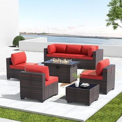 Kullavik 8 Pieces Outdoor Patio Furniture Set with 43" 55000BTU Gas Propane Fire Pit Table PE Wicker Rattan Sectional Sofa Patio Conversation Sets,Red - LeafyLoom