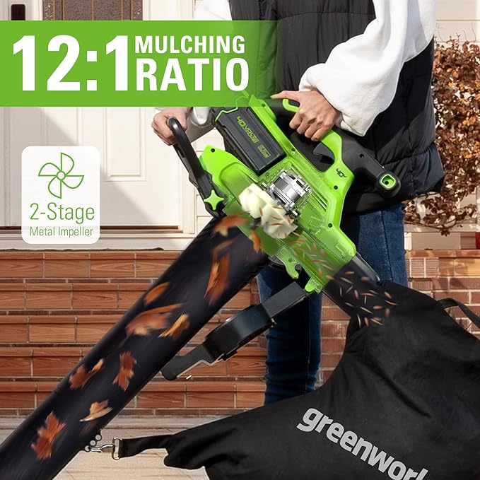 Greenworks 40V (230 MPH / 505 CFM / 75+ Compatible Tools) Cordless Brushless Leaf Blower / Vacuum, 5.0Ah Battery and Charger Included - LeafyLoom