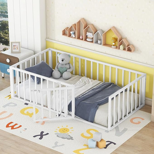 RITSU Twin Size Metal Floor Fence Bed, Montessori Bedframe, with Safety Guardrail and Door, for Children Bedroom, Boys Girls, Apartment, Strong & Durable, Easy to Assemble, White - LeafyLoom